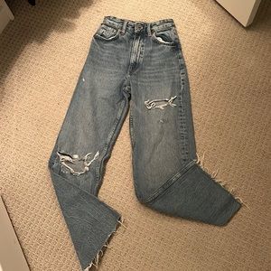 Zara blue denim ripped wide leg jeans